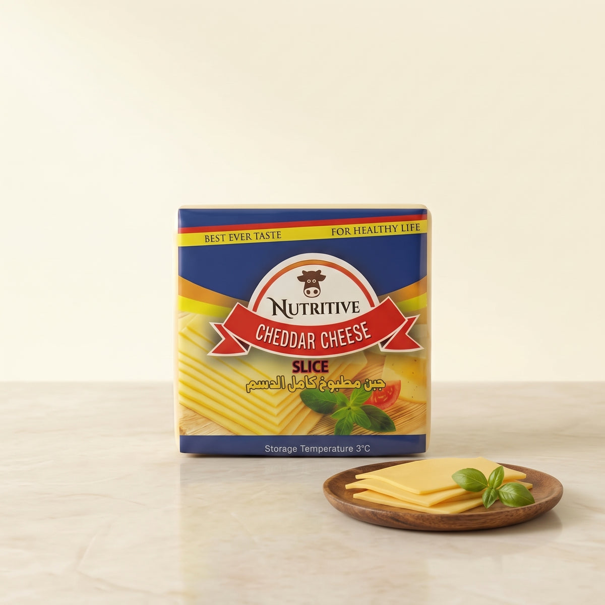 Nutritive Cheddar Cheese Slice 200gm pack on plain background