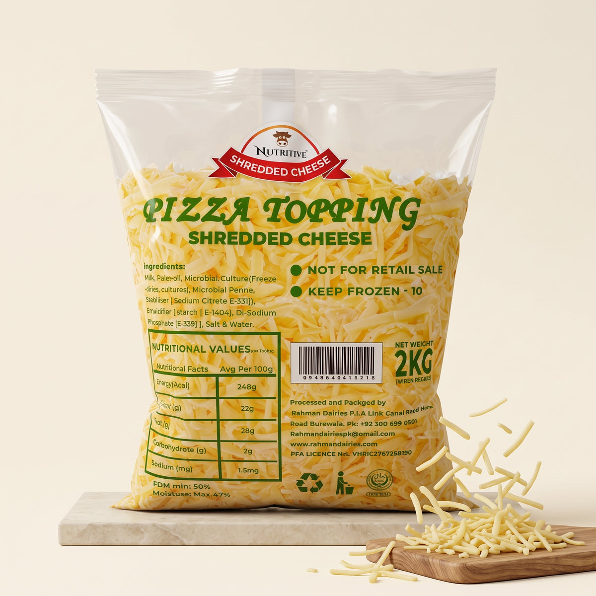 Nutritive Pizza Topping Cheese 2kg pack on plain background