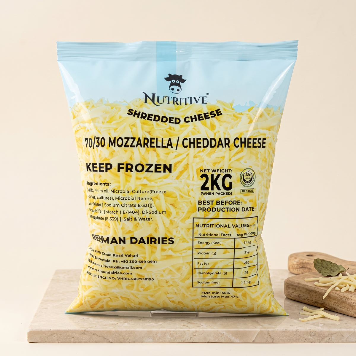 Shredded Mozzarella and Cheddar Cheese 70/30 2kg pack on plain background