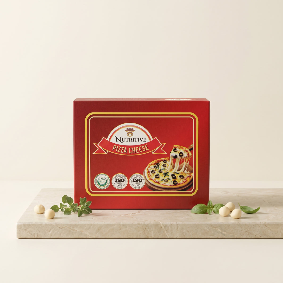 Nutritive Pizza Cheese 200gm pack on plain background
