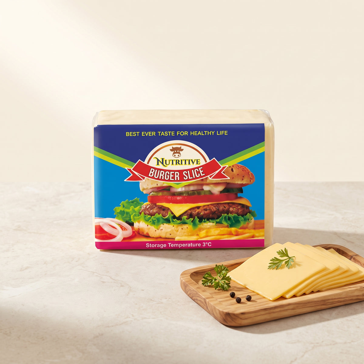 1kg pack of burger cheese slices on plain background
